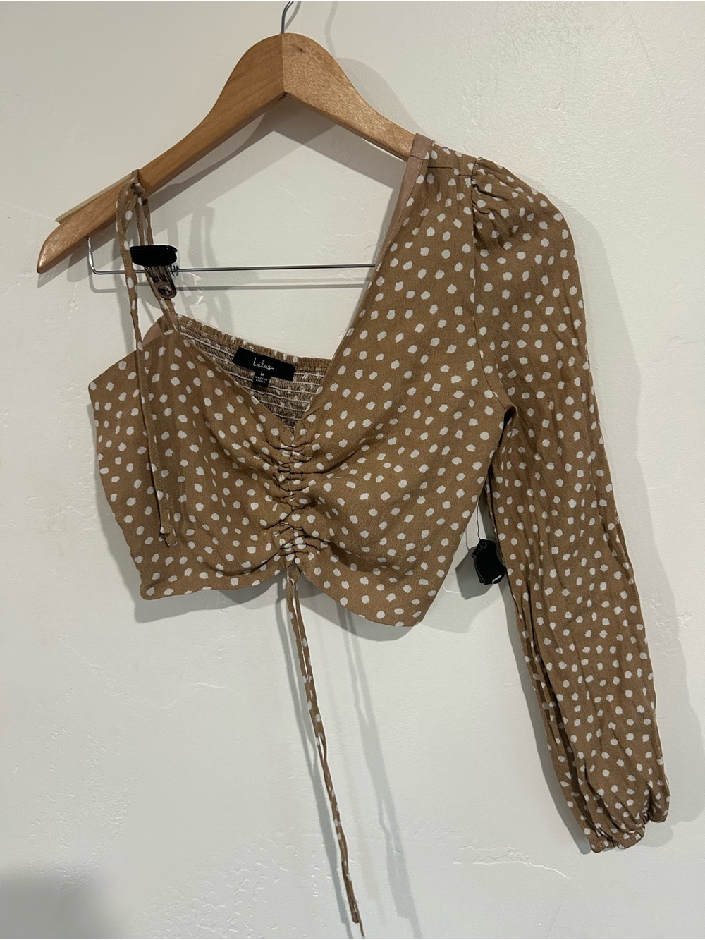 Lulu's Tan and White Polka Dot One-Shoulder Ruched Crop Top